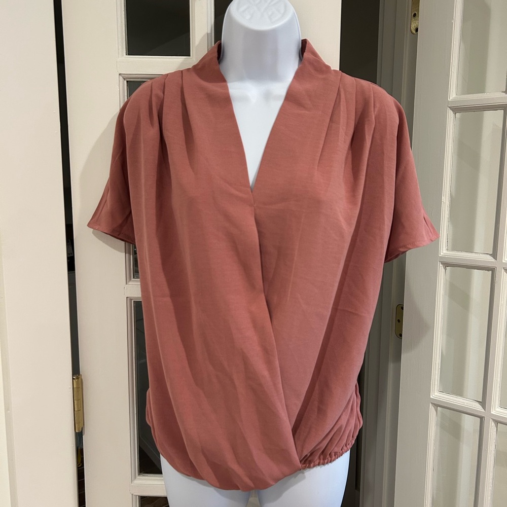 Peach Wrap Blouse with Mandarin Collar and Relaxed Fit